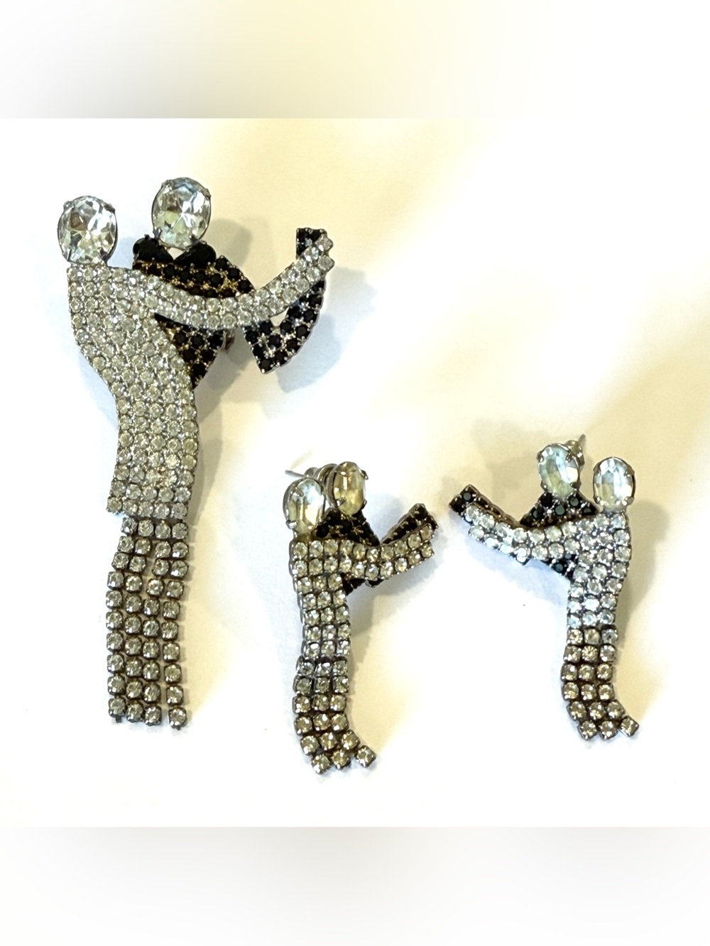 Butler Wilson Vintage Brooch Earrings Set Dancing Couple Rhinestones Unsigned